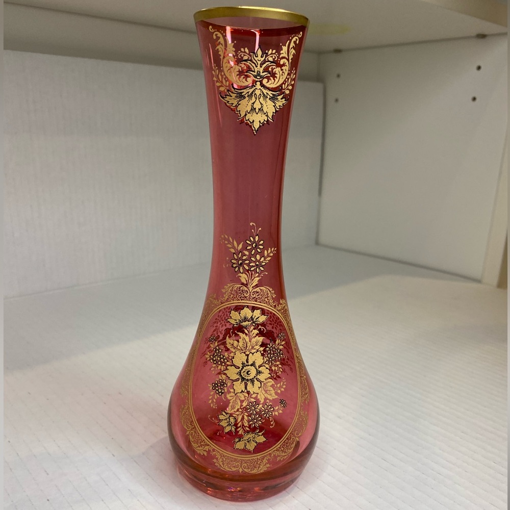 Italian Made Cranberry Glass Bud Vase with Gilded Rim Gold Floral Vignettes